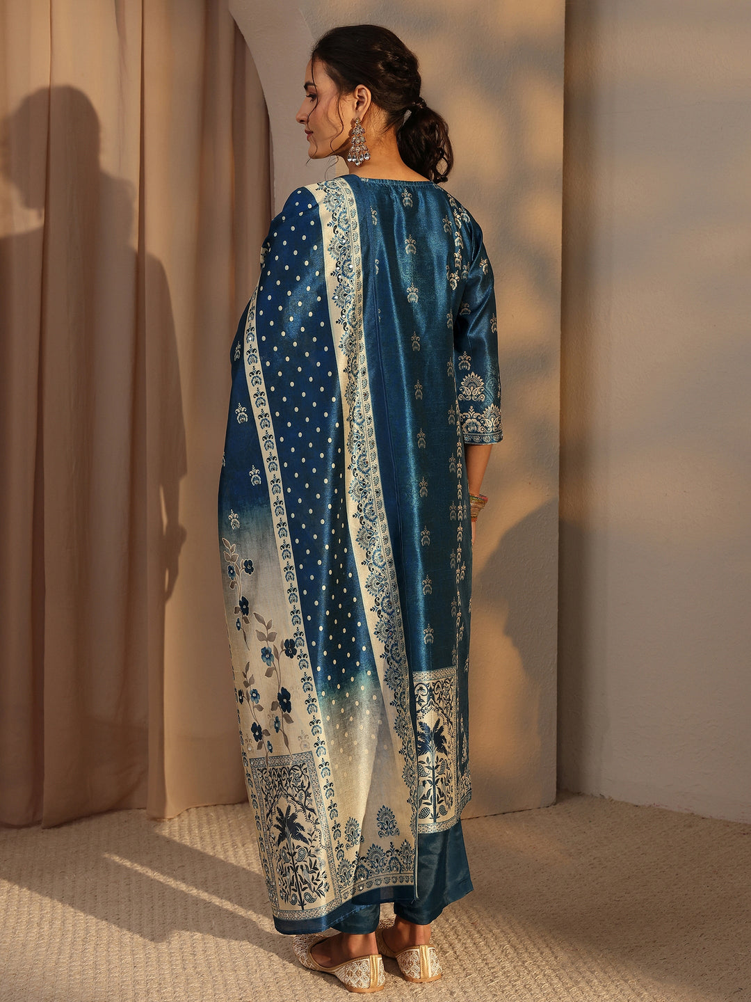  Blue Ethnic Printed Silk Blend Straight Suit Set With Dupatta 