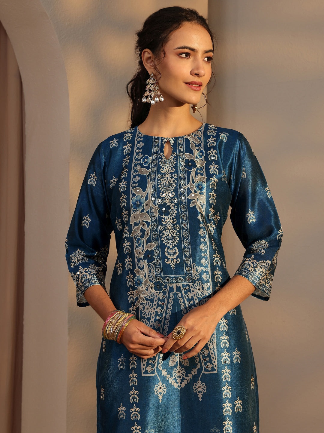  Blue Ethnic Printed Silk Blend Straight Suit Set With Dupatta 