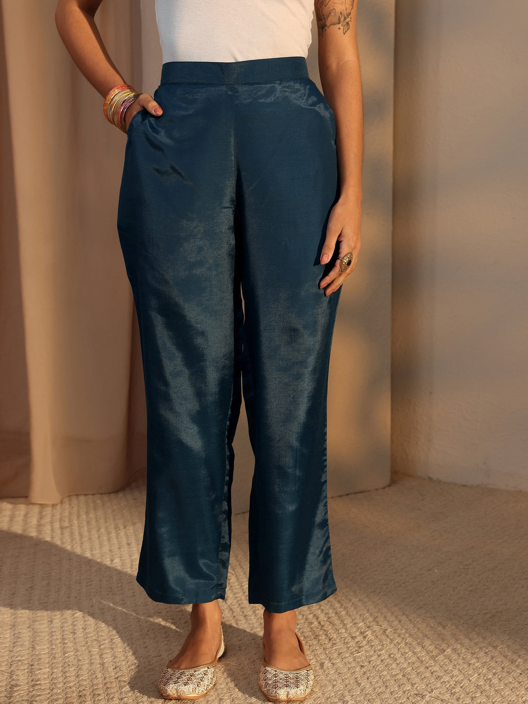  Blue Ethnic Printed Silk Blend Straight Suit Set With Dupatta 