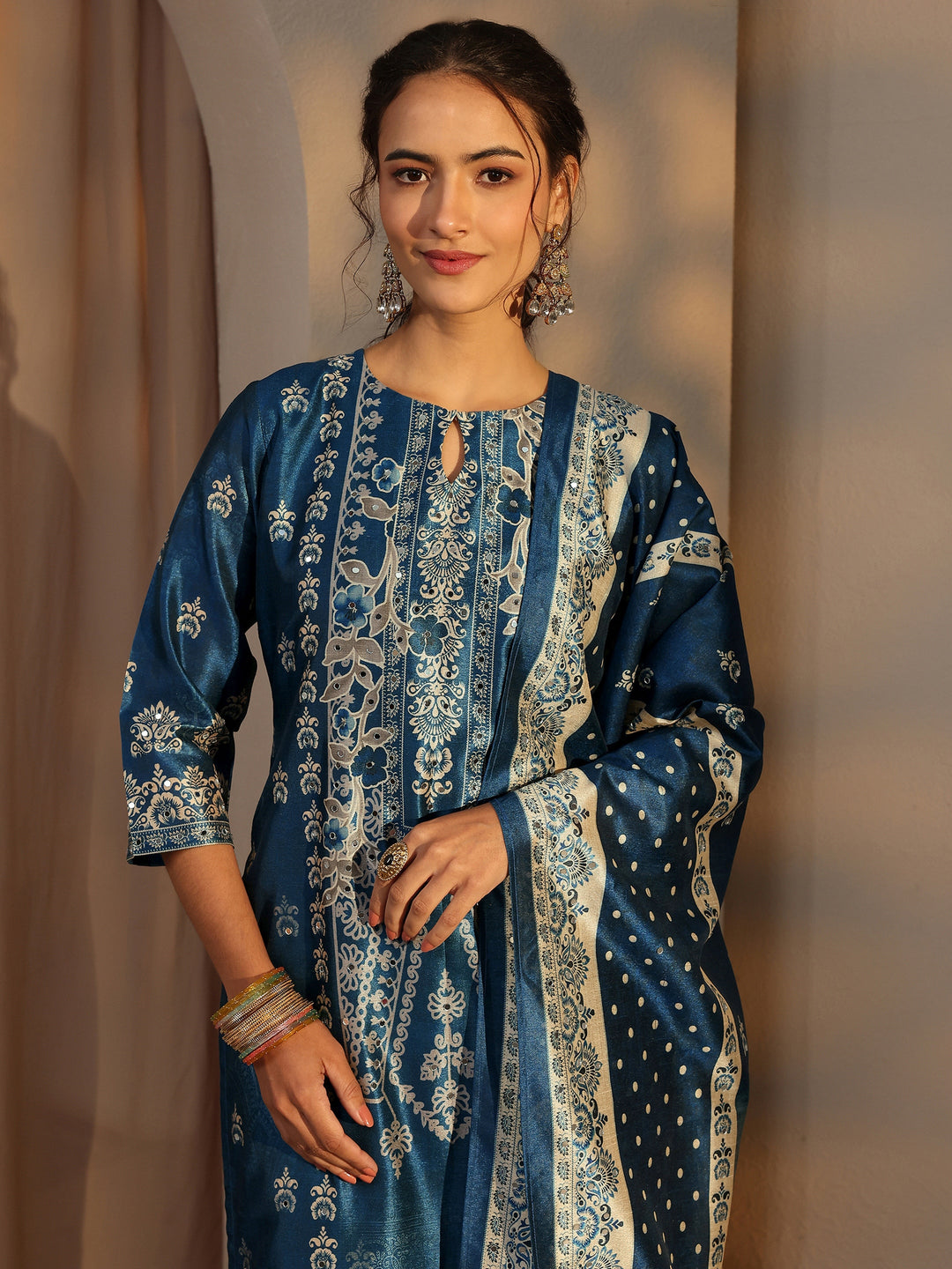  Blue Ethnic Printed Silk Blend Straight Suit Set With Dupatta 