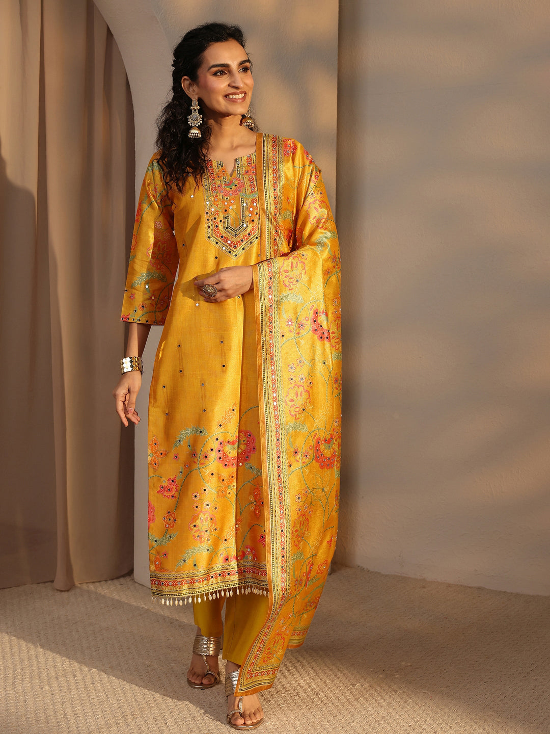  Mustard Floral Printed Silk Blend Straight Suit Set With Dupatta 