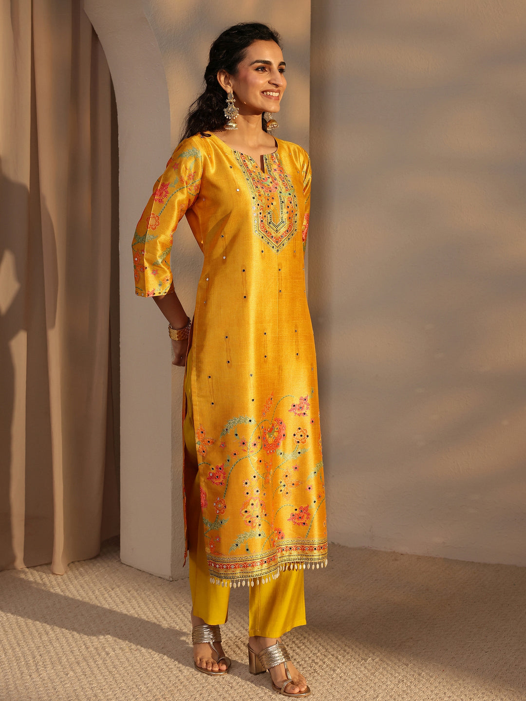  Mustard Floral Printed Silk Blend Straight Suit Set With Dupatta 