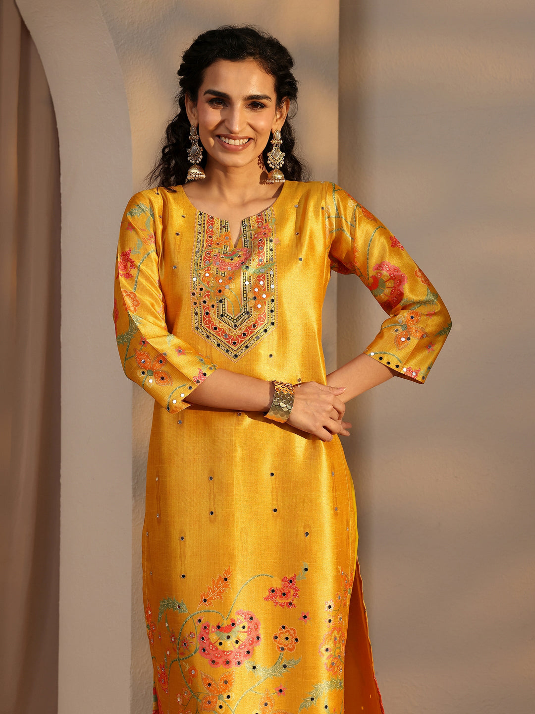 Mustard Floral Printed Silk Blend Straight Suit Set With Dupatta 