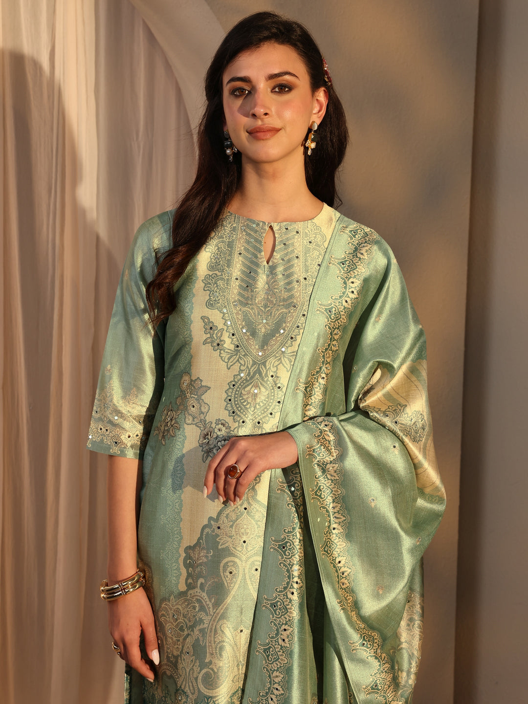  Green Ethnic Printed Silk Blend Straight Suit Set With Dupatta 
