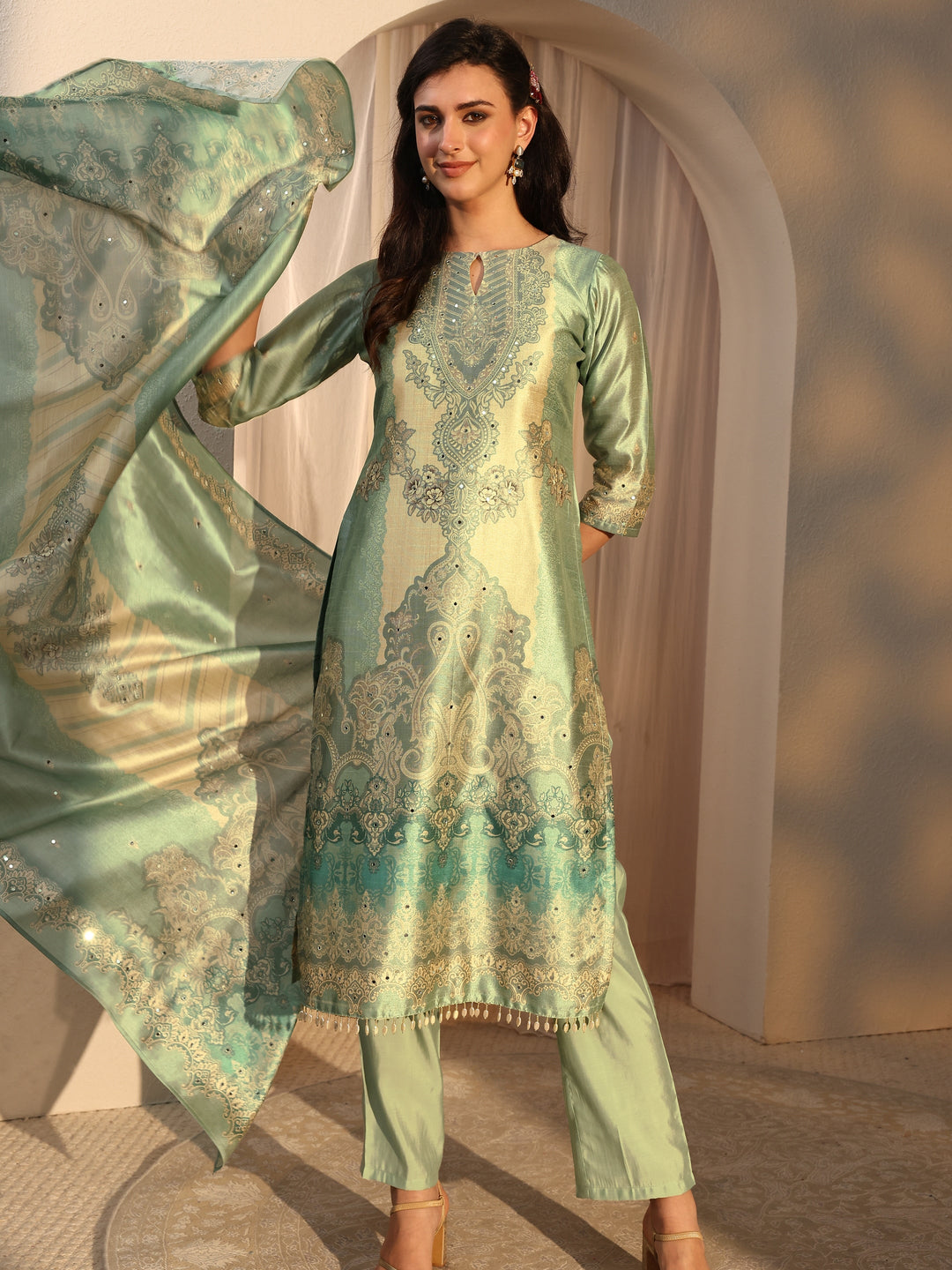  Green Ethnic Printed Silk Blend Straight Suit Set With Dupatta 