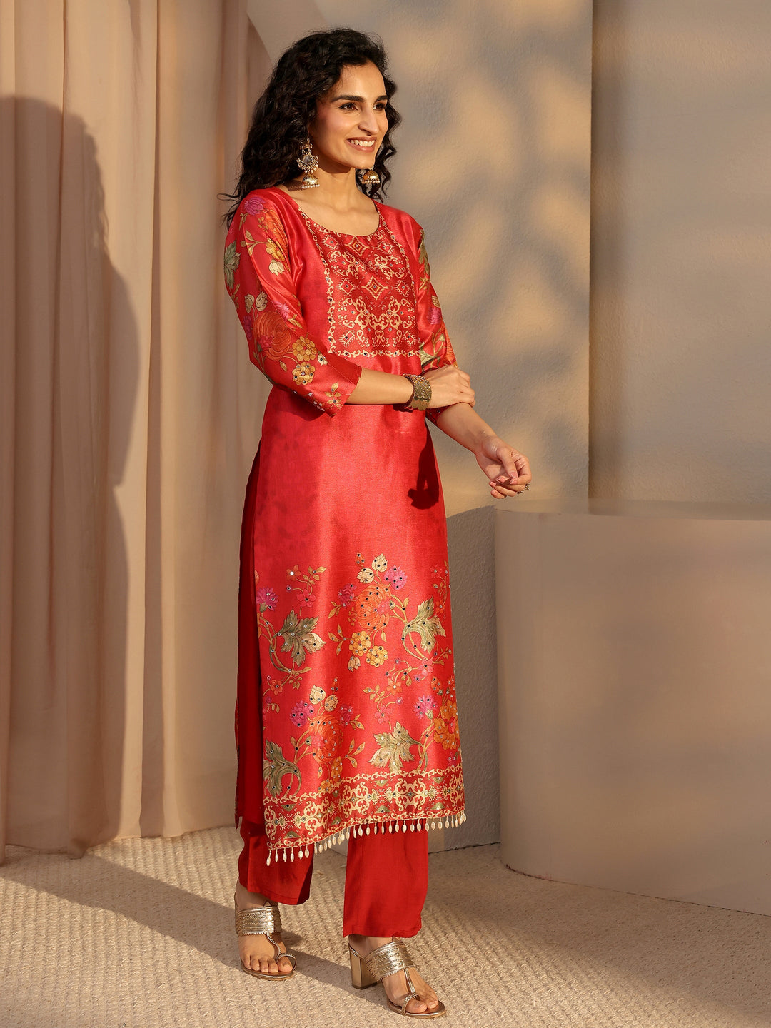  Red Floral Printed Silk Blend Straight Suit Set With Dupatta 