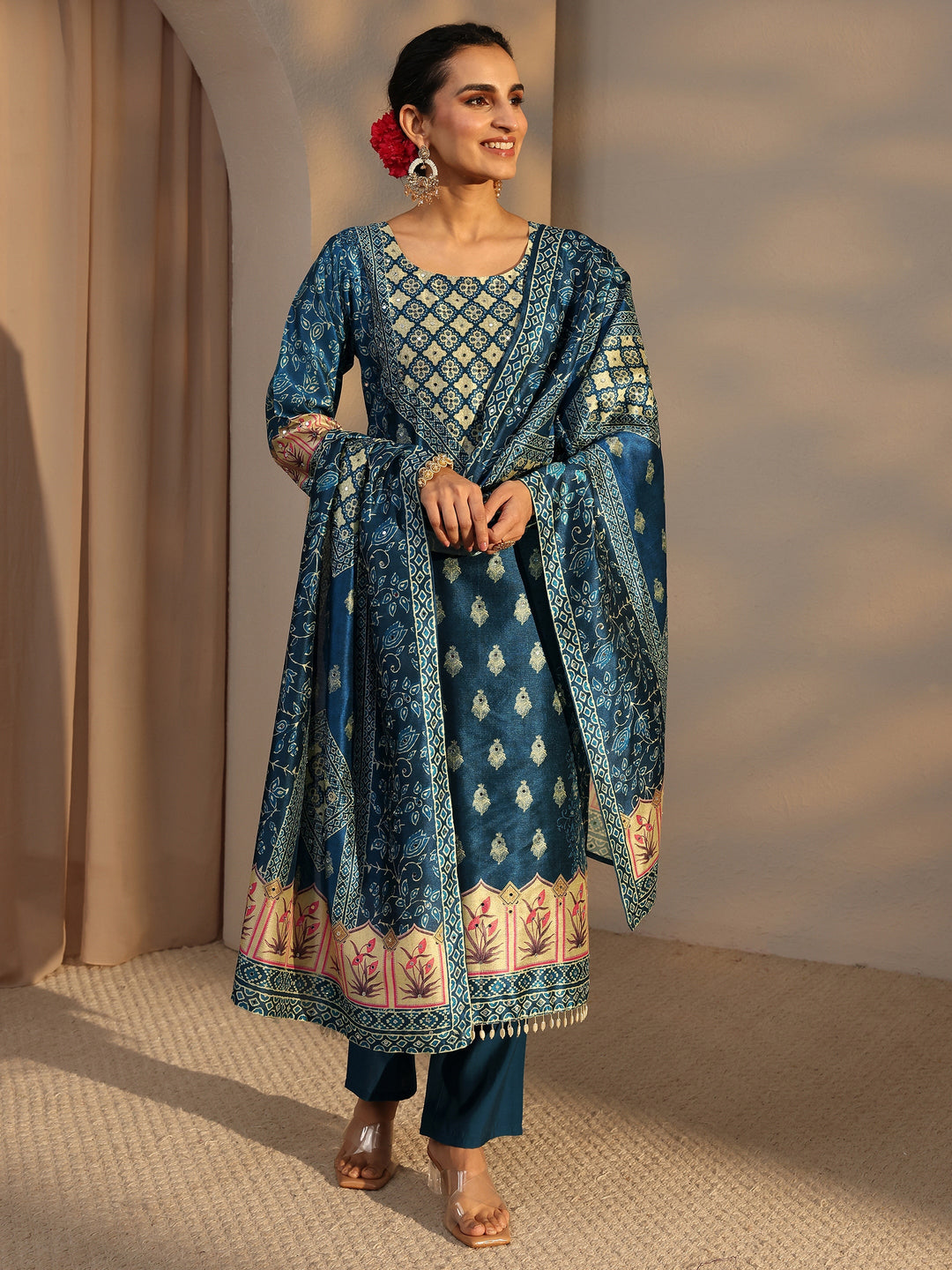  Blue Ethnic Printed Silk Blend Straight Suit Set With Dupatta 