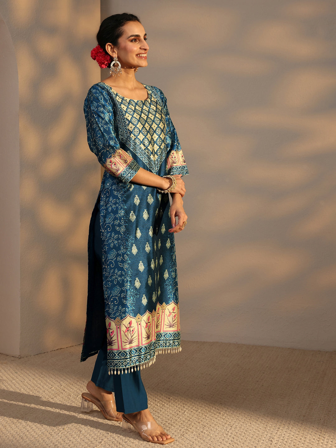  Blue Ethnic Printed Silk Blend Straight Suit Set With Dupatta 