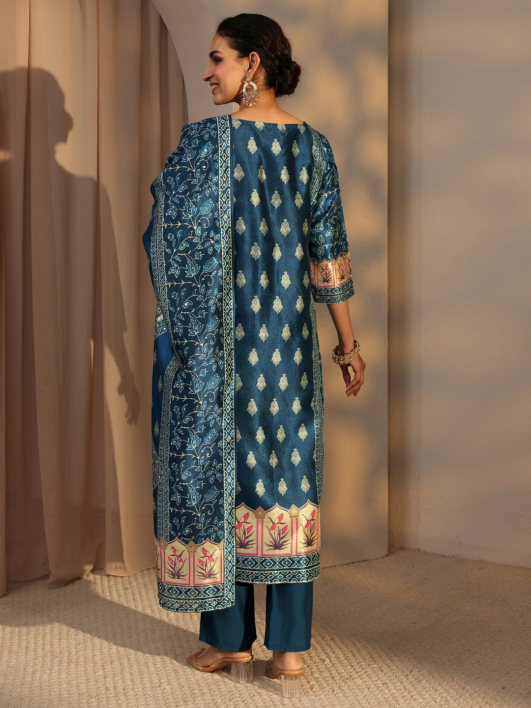  Blue Ethnic Printed Silk Blend Straight Suit Set With Dupatta 
