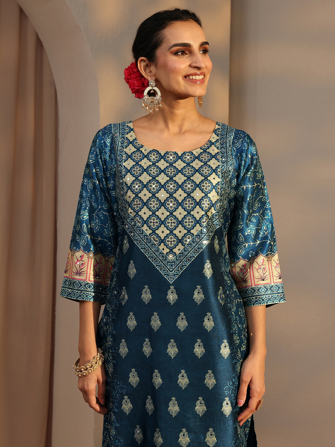  Blue Ethnic Printed Silk Blend Straight Suit Set With Dupatta 