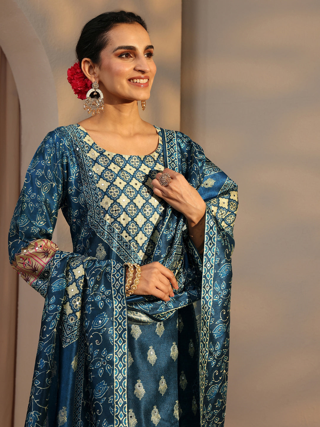  Blue Ethnic Printed Silk Blend Straight Suit Set With Dupatta 