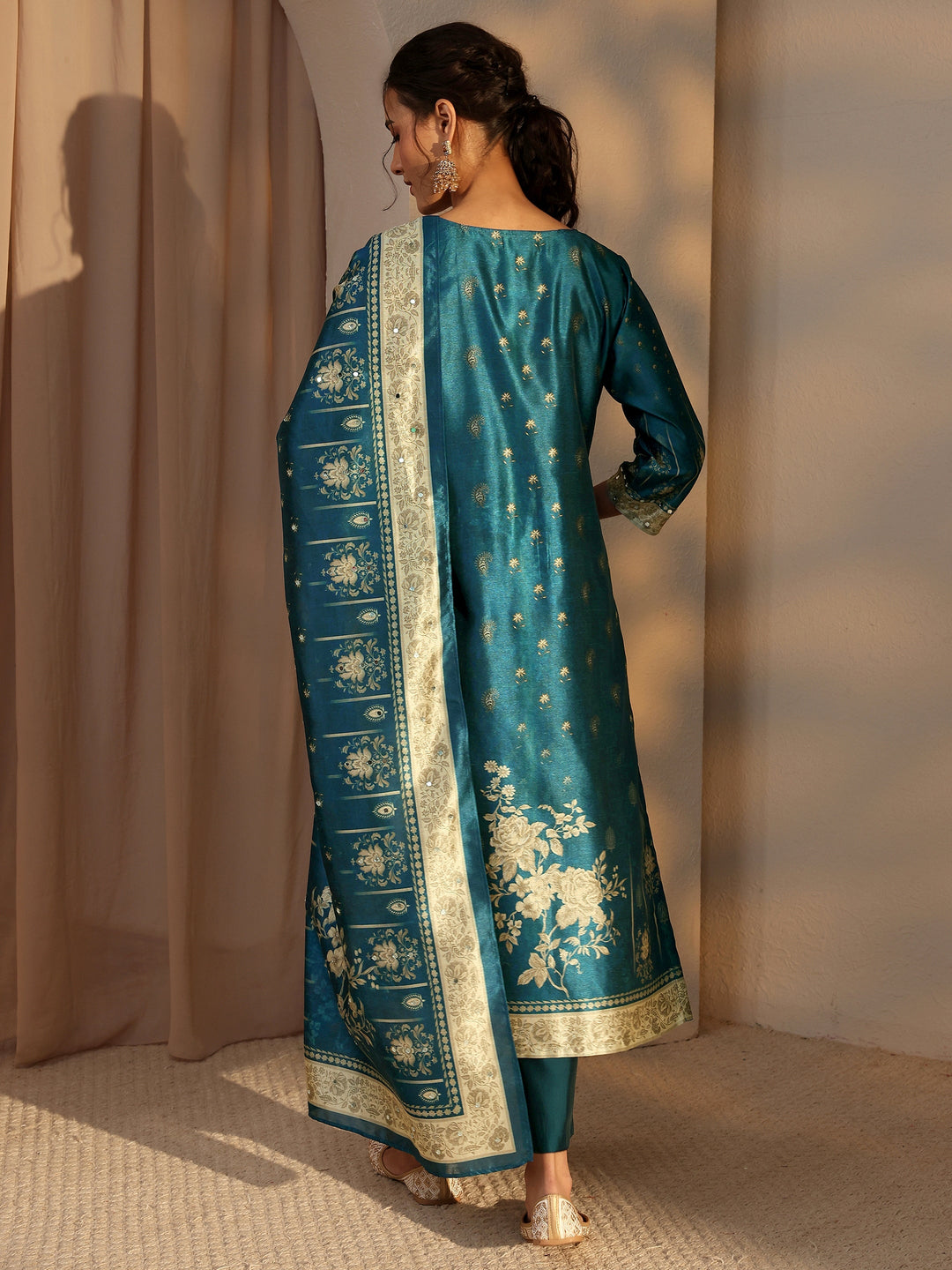  Blue Floral Printed Silk Blend Straight Suit Set With Dupatta 