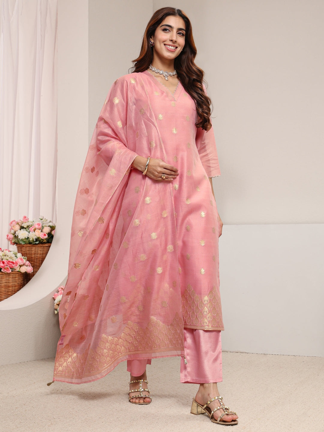  Pink Ethnic Woven Design Chanderi Silk Straight Suit Set With Dupatta 