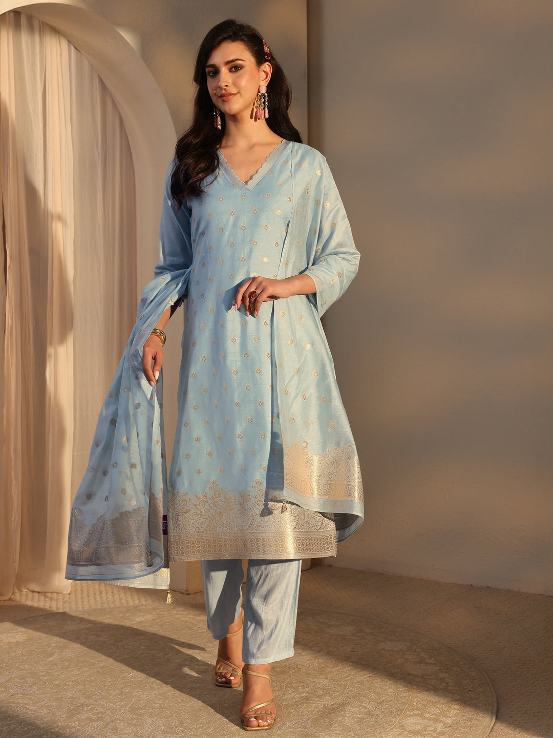  Blue Woven Design Chanderi Silk Straight Suit Set With Dupatta 