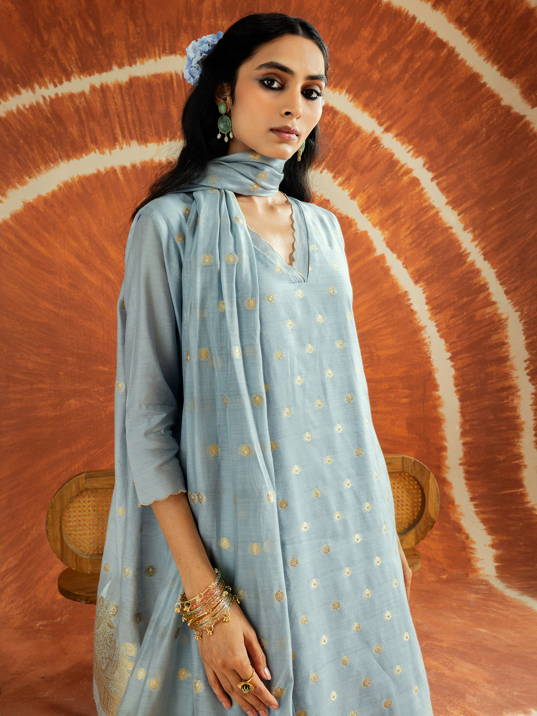  Libas Girija Blue Woven Design Chanderi Silk Straight Suit Set With Dupatta 