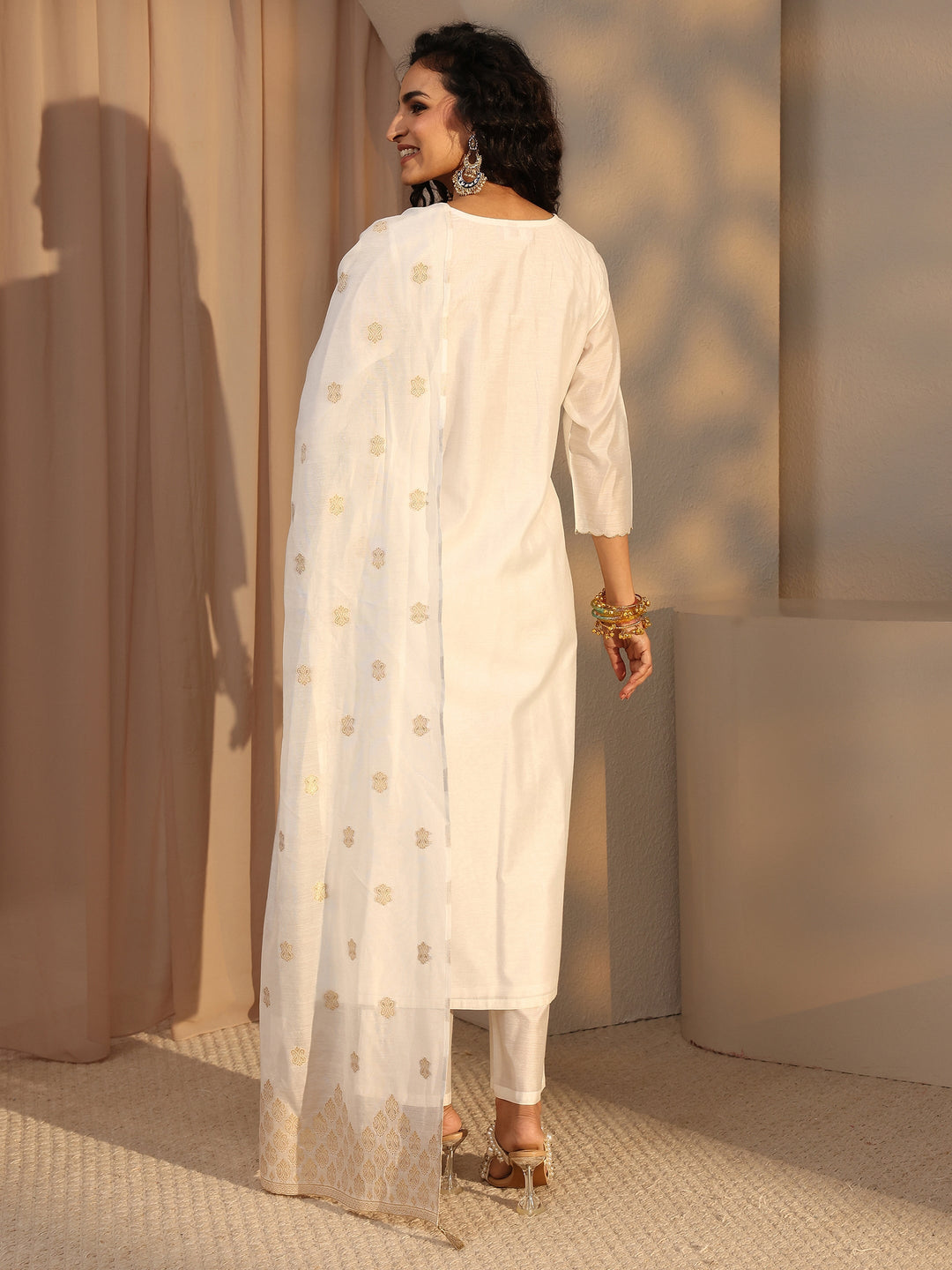  White Woven Design Chanderi Silk Straight Suit Set With Dupatta 