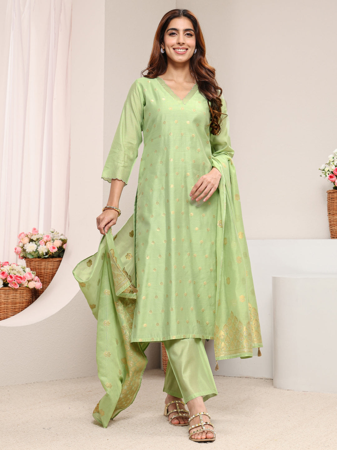  Green Ethnic Woven Design Chanderi Silk Straight Suit Set With Dupatta 