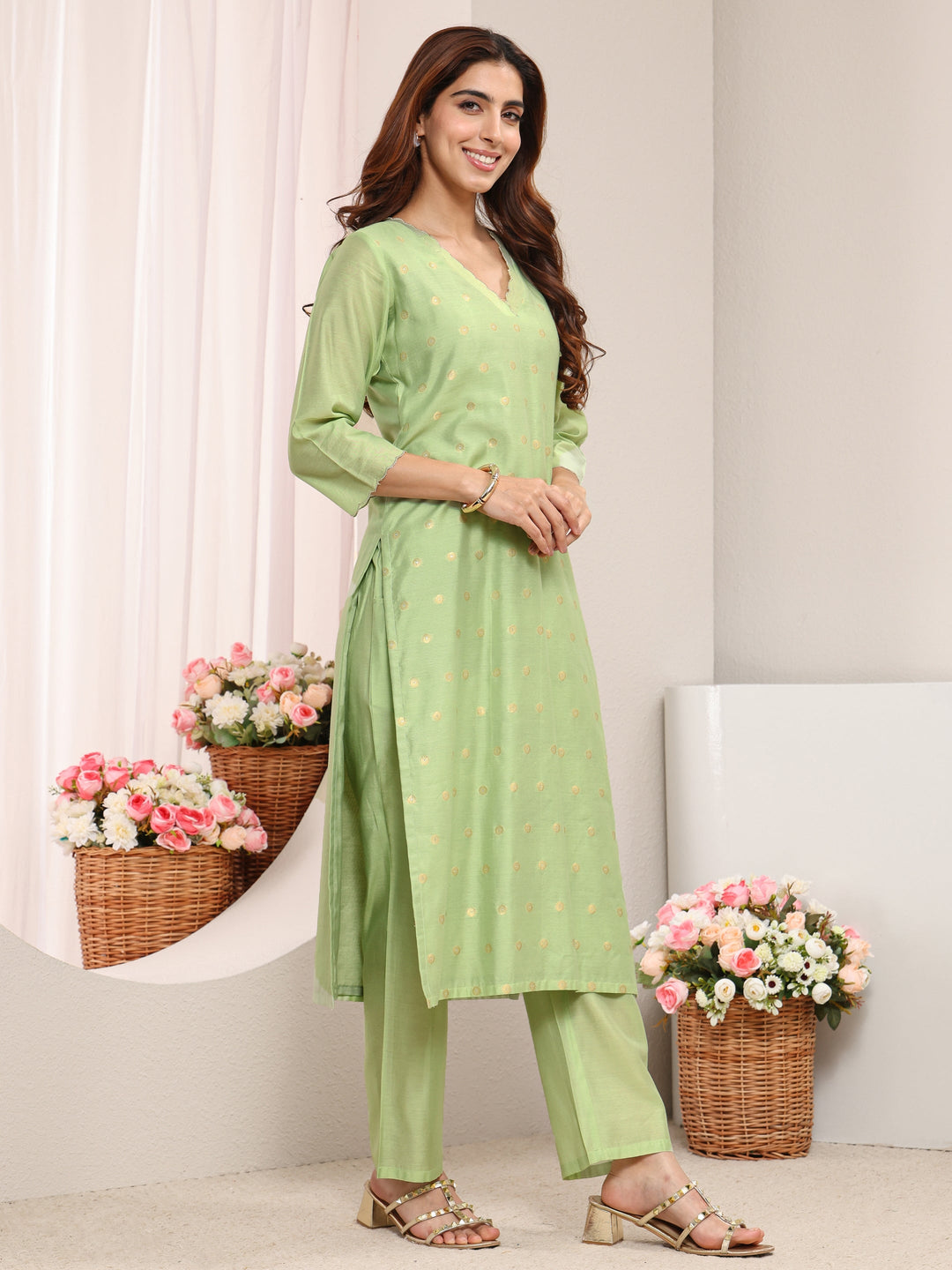  Green Ethnic Woven Design Chanderi Silk Straight Suit Set With Dupatta 