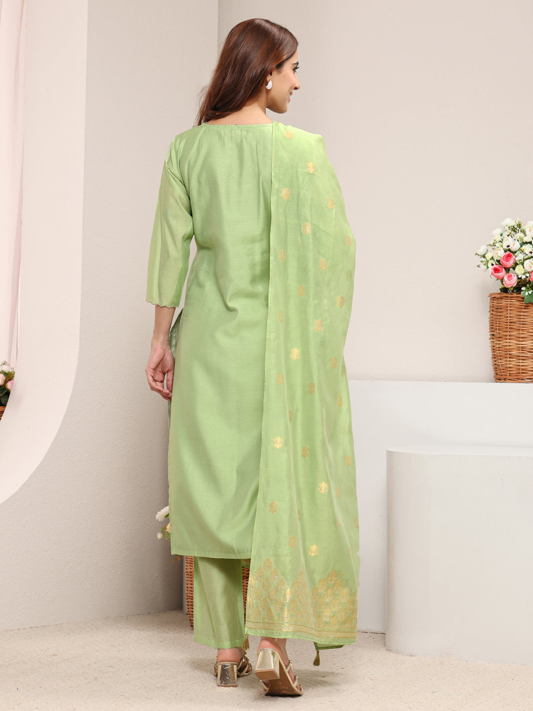  Green Ethnic Woven Design Chanderi Silk Straight Suit Set With Dupatta 