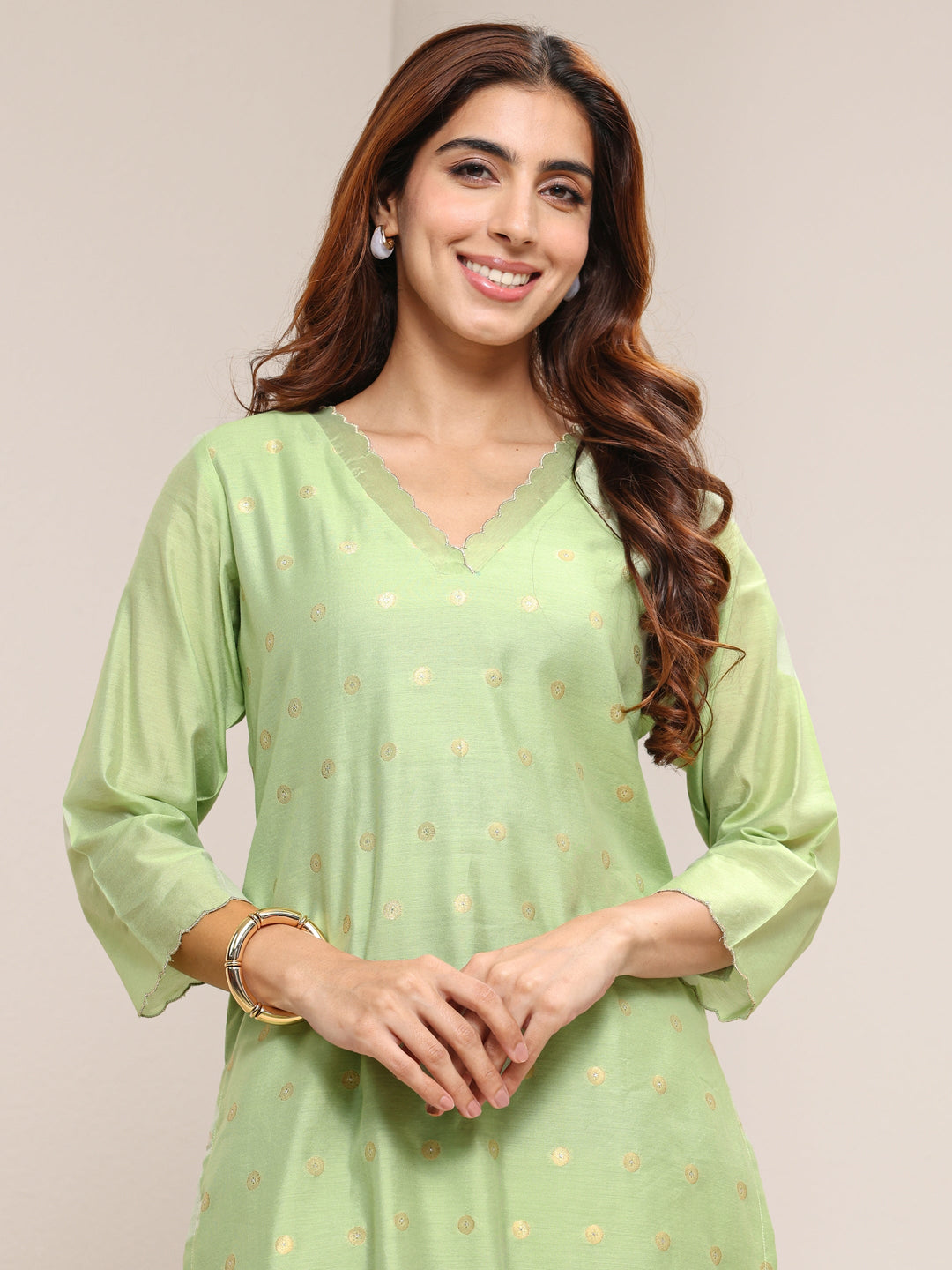  Green Ethnic Woven Design Chanderi Silk Straight Suit Set With Dupatta 