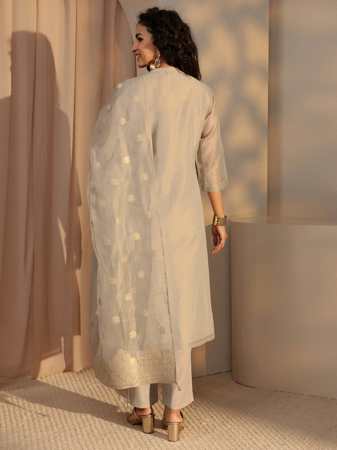  Grey Woven Design Chanderi Silk Straight Suit Set With Dupatta 