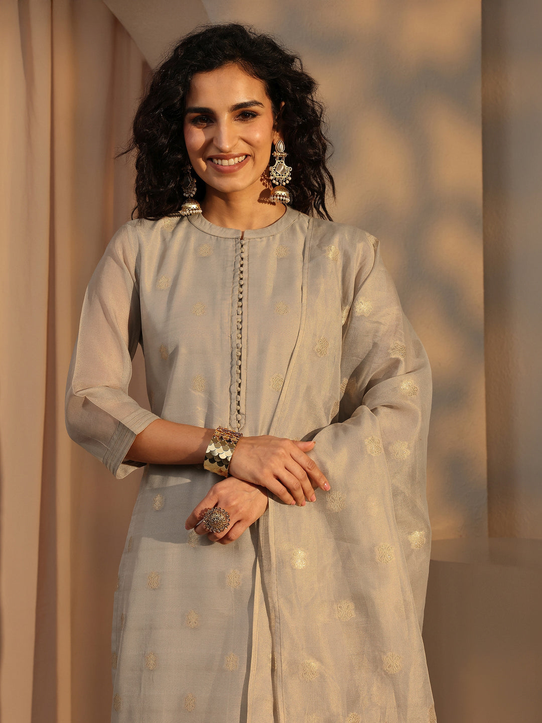  Grey Woven Design Chanderi Silk Straight Suit Set With Dupatta 