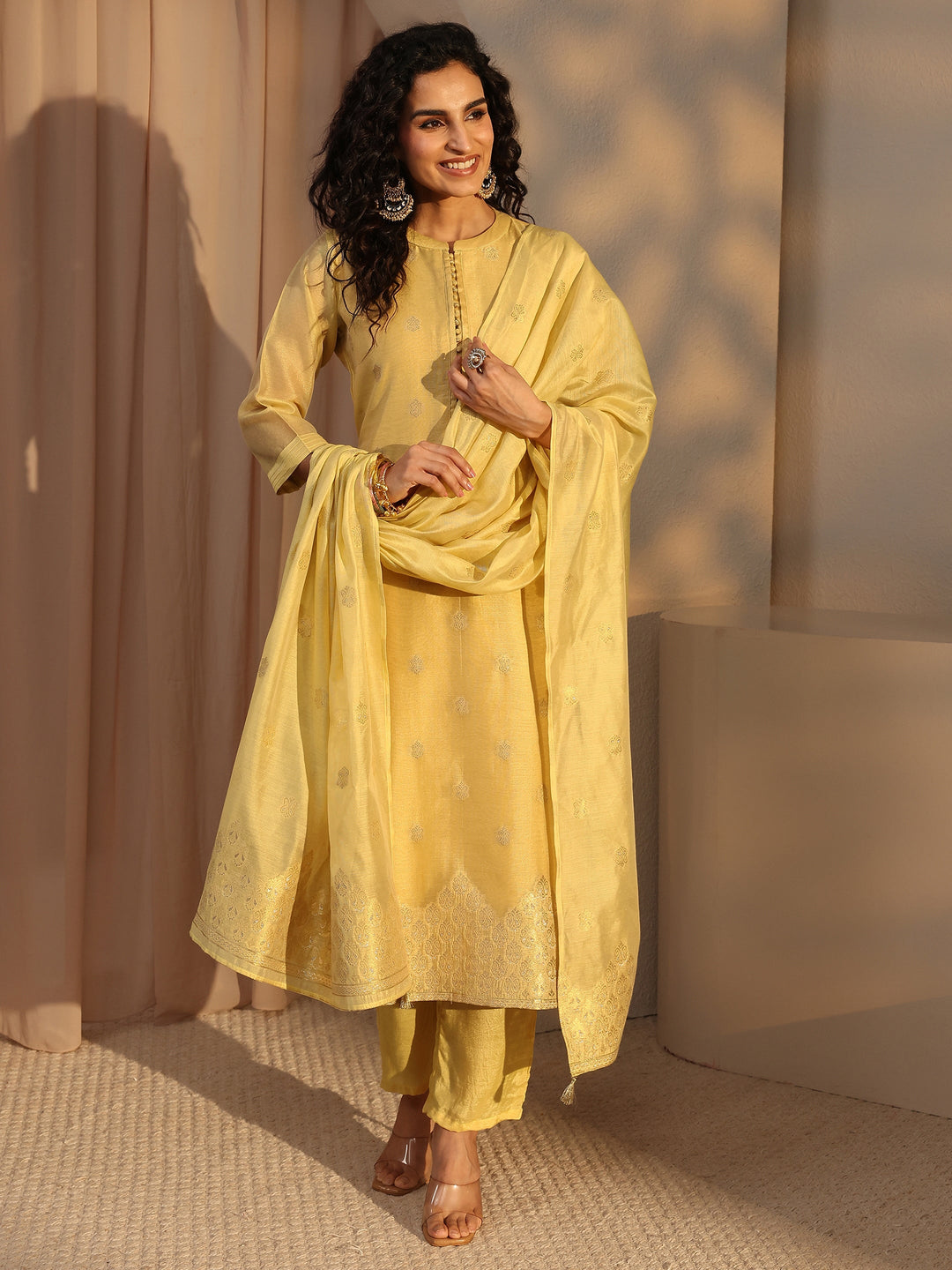  Yellow Woven Design Chanderi Silk Straight Suit Set With Dupatta 