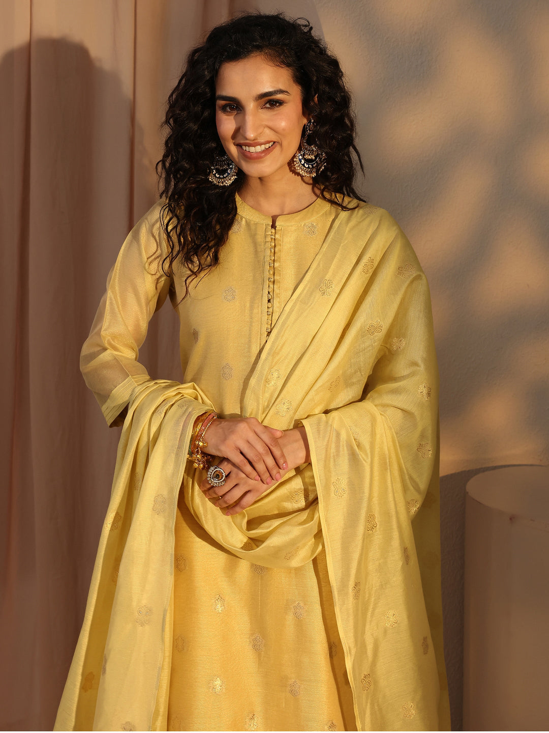  Yellow Woven Design Chanderi Silk Straight Suit Set With Dupatta 