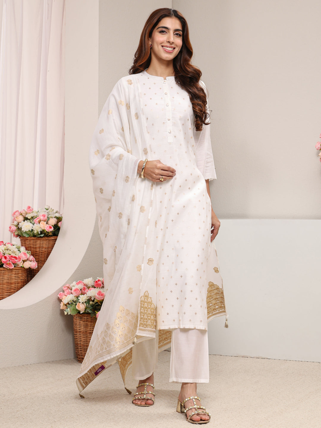  White Ethnic Woven Design Chanderi Silk Straight Suit Set With Dupatta 