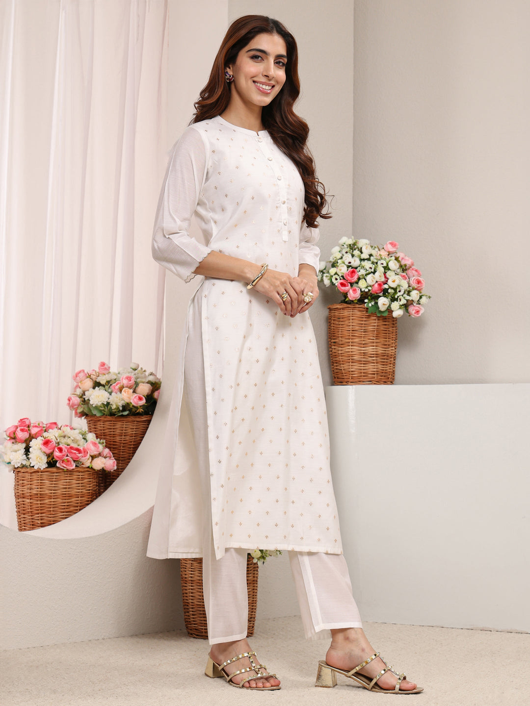  White Ethnic Woven Design Chanderi Silk Straight Suit Set With Dupatta 