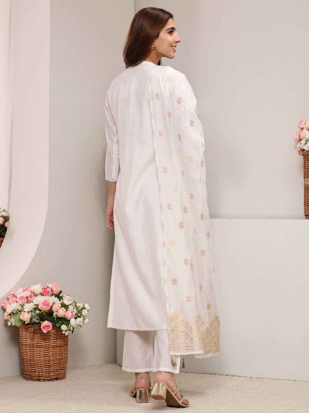  White Ethnic Woven Design Chanderi Silk Straight Suit Set With Dupatta 