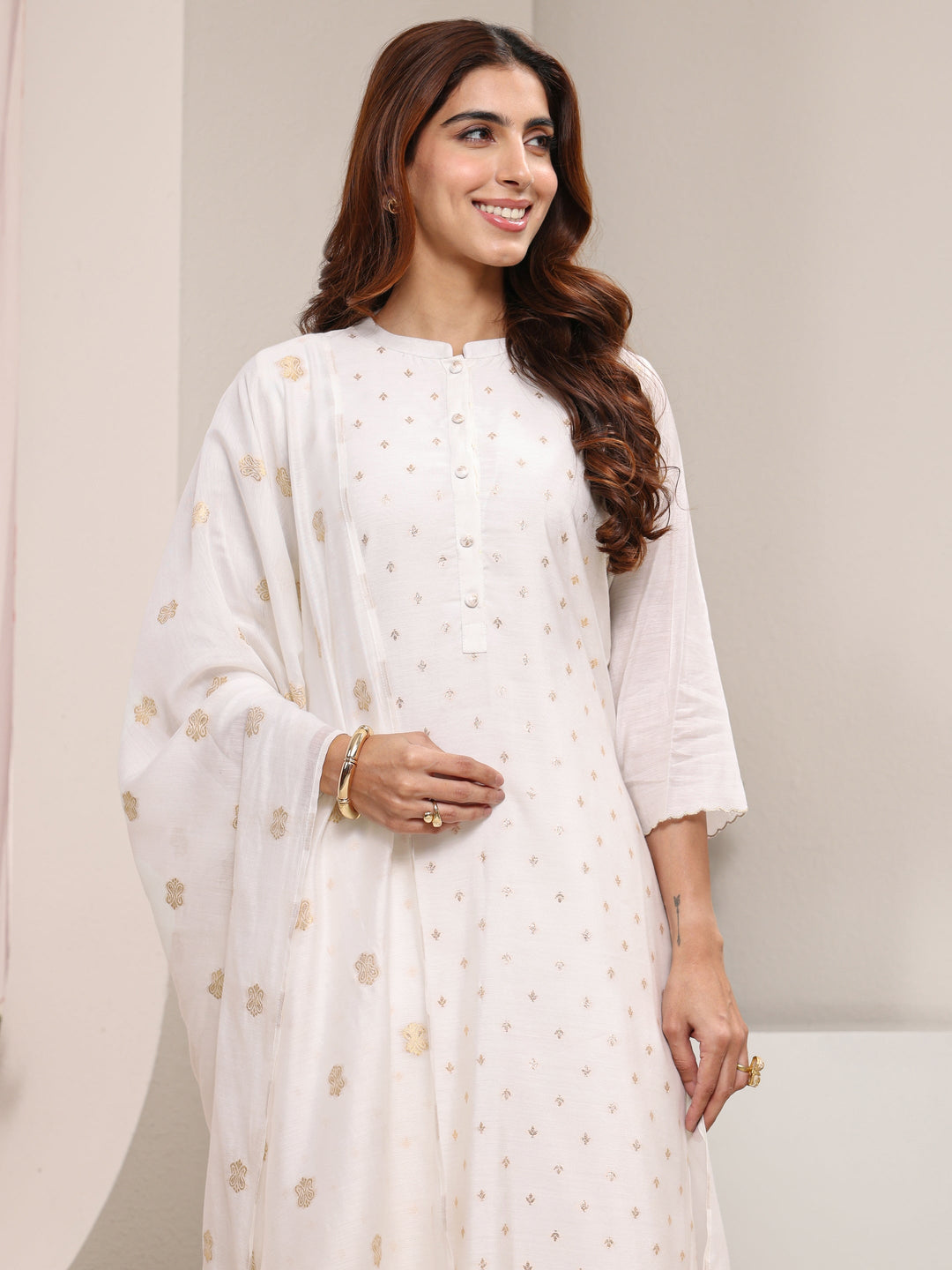  White Ethnic Woven Design Chanderi Silk Straight Suit Set With Dupatta 