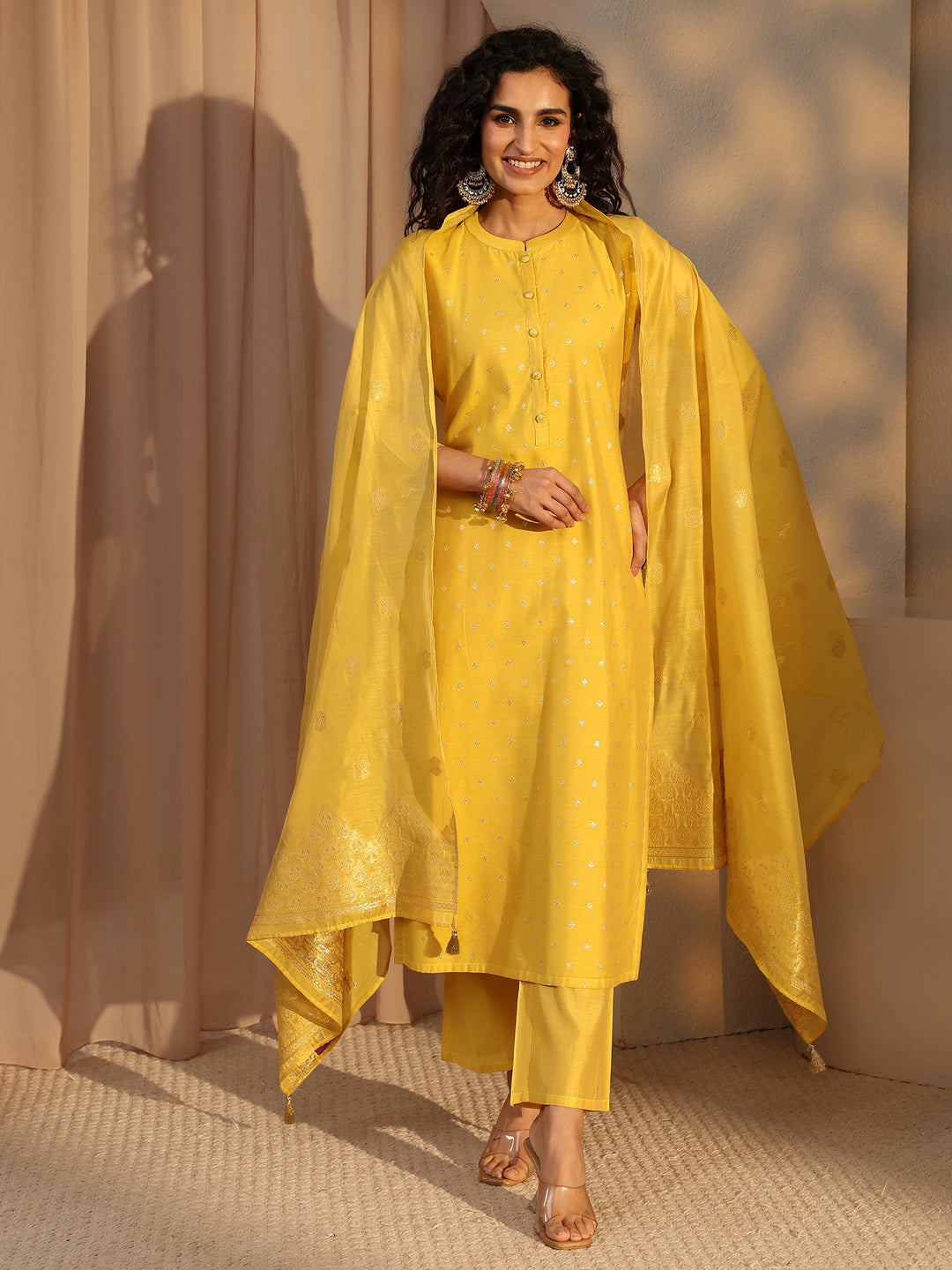  Yellow Woven Design Chanderi Silk Straight Suit Set With Dupatta 