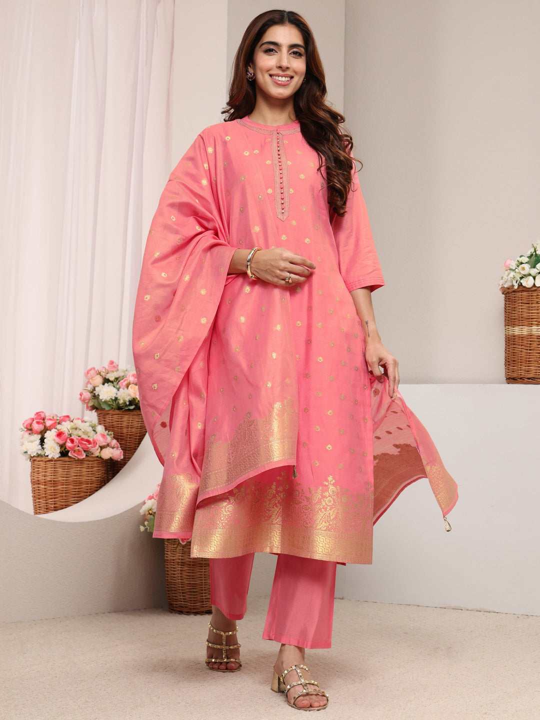  Pink Ethnic Woven Design Chanderi Silk Straight Suit Set With Dupatta 
