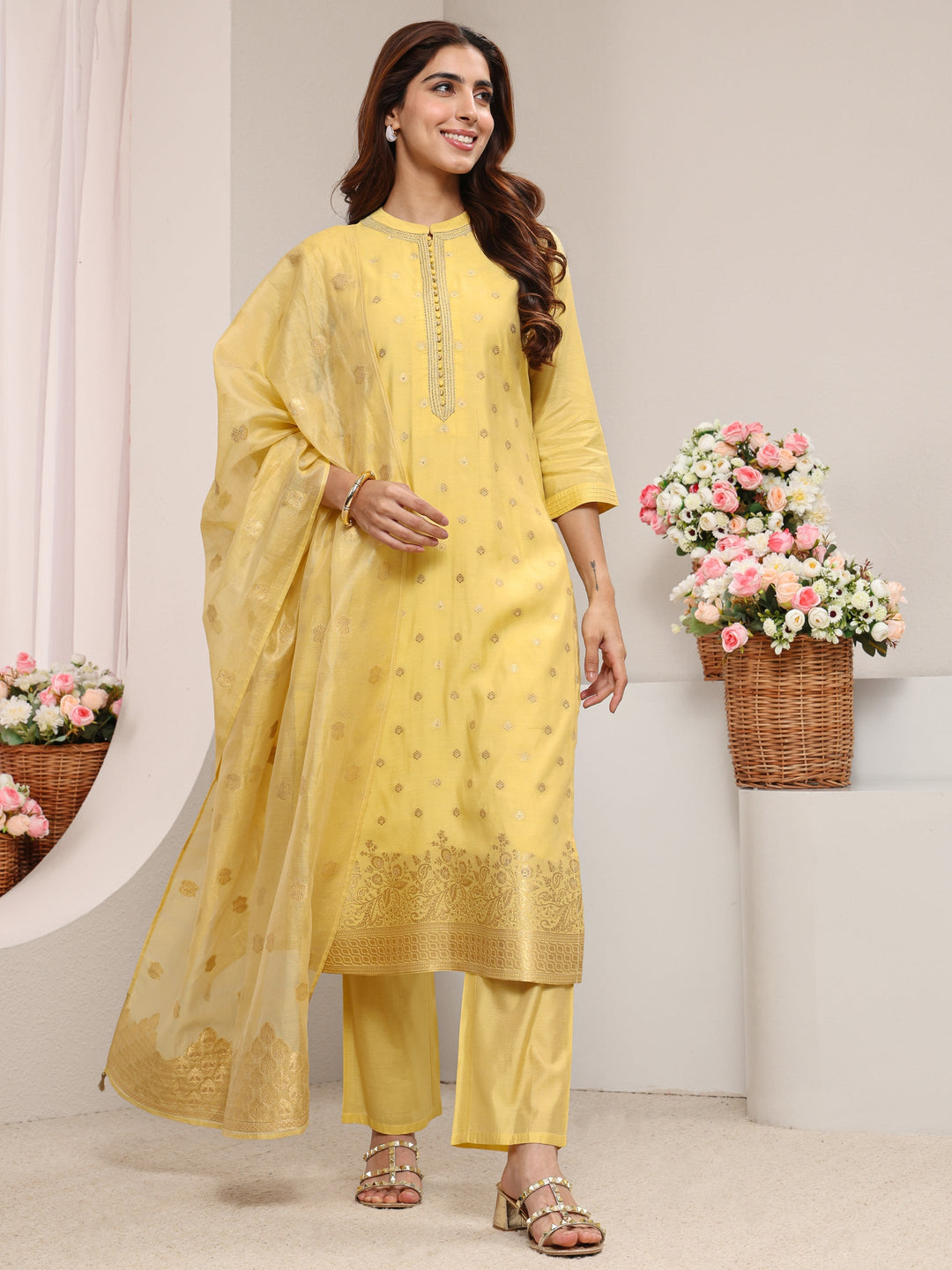  Yellow Ethnic Woven Design Chanderi Silk Straight Suit Set With Dupatta 