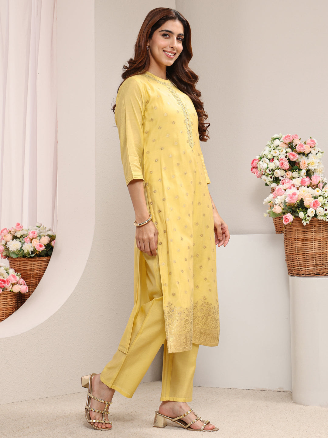  Yellow Ethnic Woven Design Chanderi Silk Straight Suit Set With Dupatta 