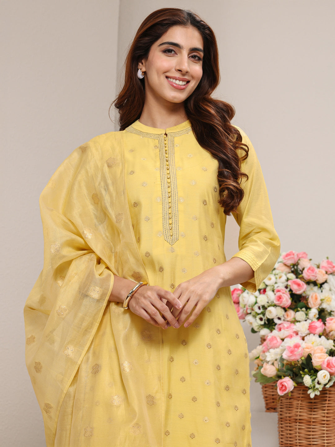  Yellow Ethnic Woven Design Chanderi Silk Straight Suit Set With Dupatta 