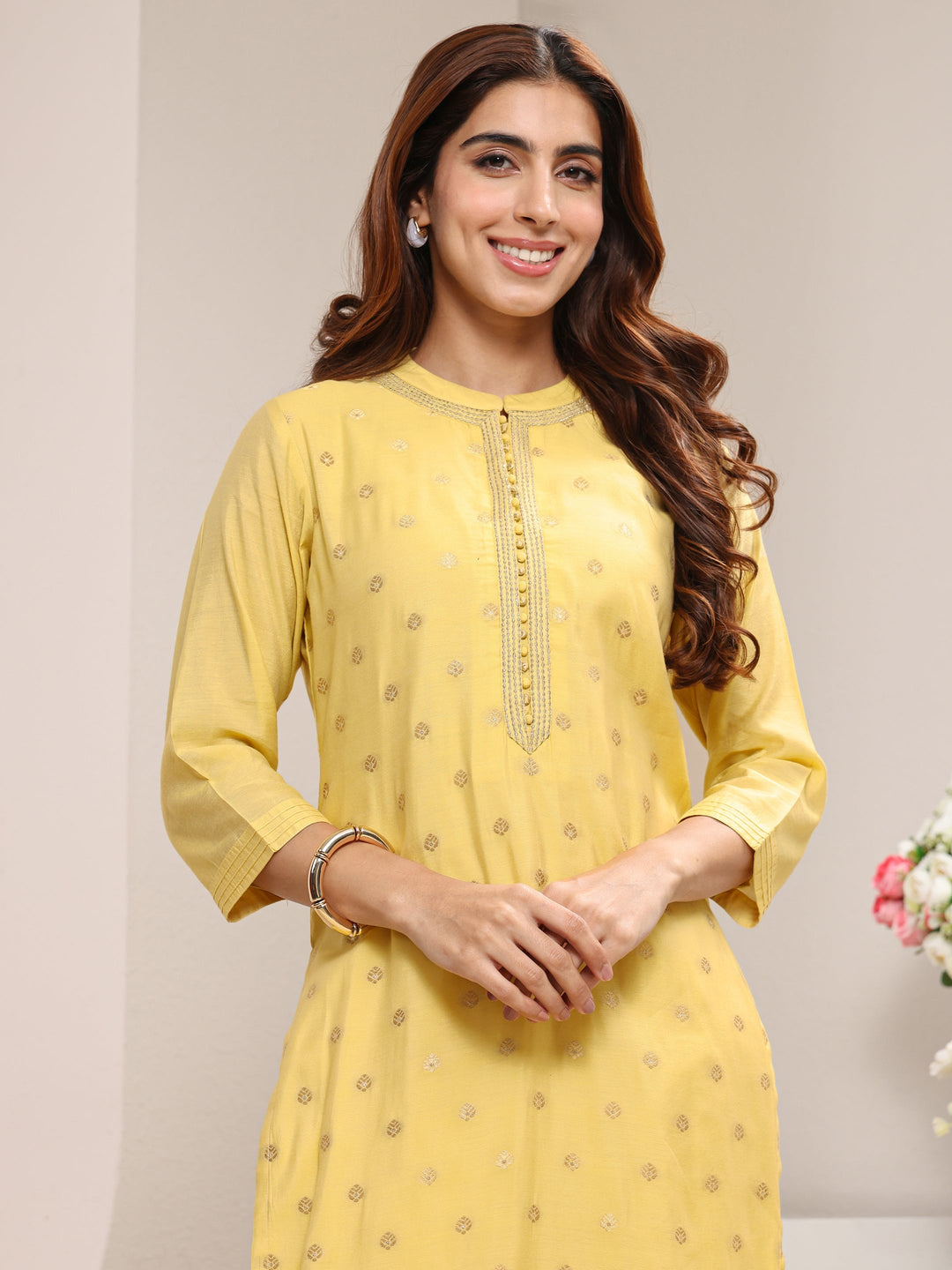 Yellow Ethnic Woven Design Chanderi Silk Straight Suit Set With Dupatta 