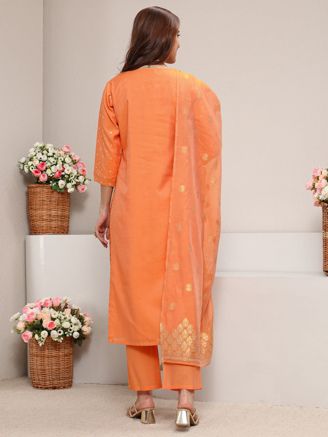  Orange Ethnic Woven Design Chanderi Silk Straight Suit Set With Dupatta 