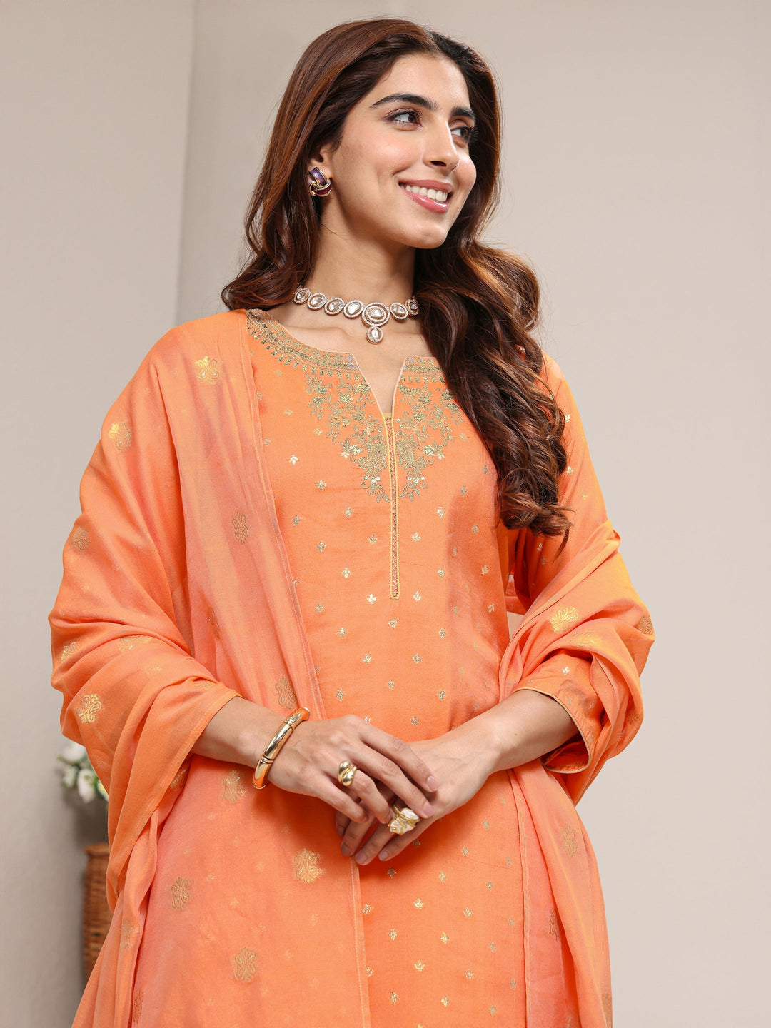  Orange Ethnic Woven Design Chanderi Silk Straight Suit Set With Dupatta 