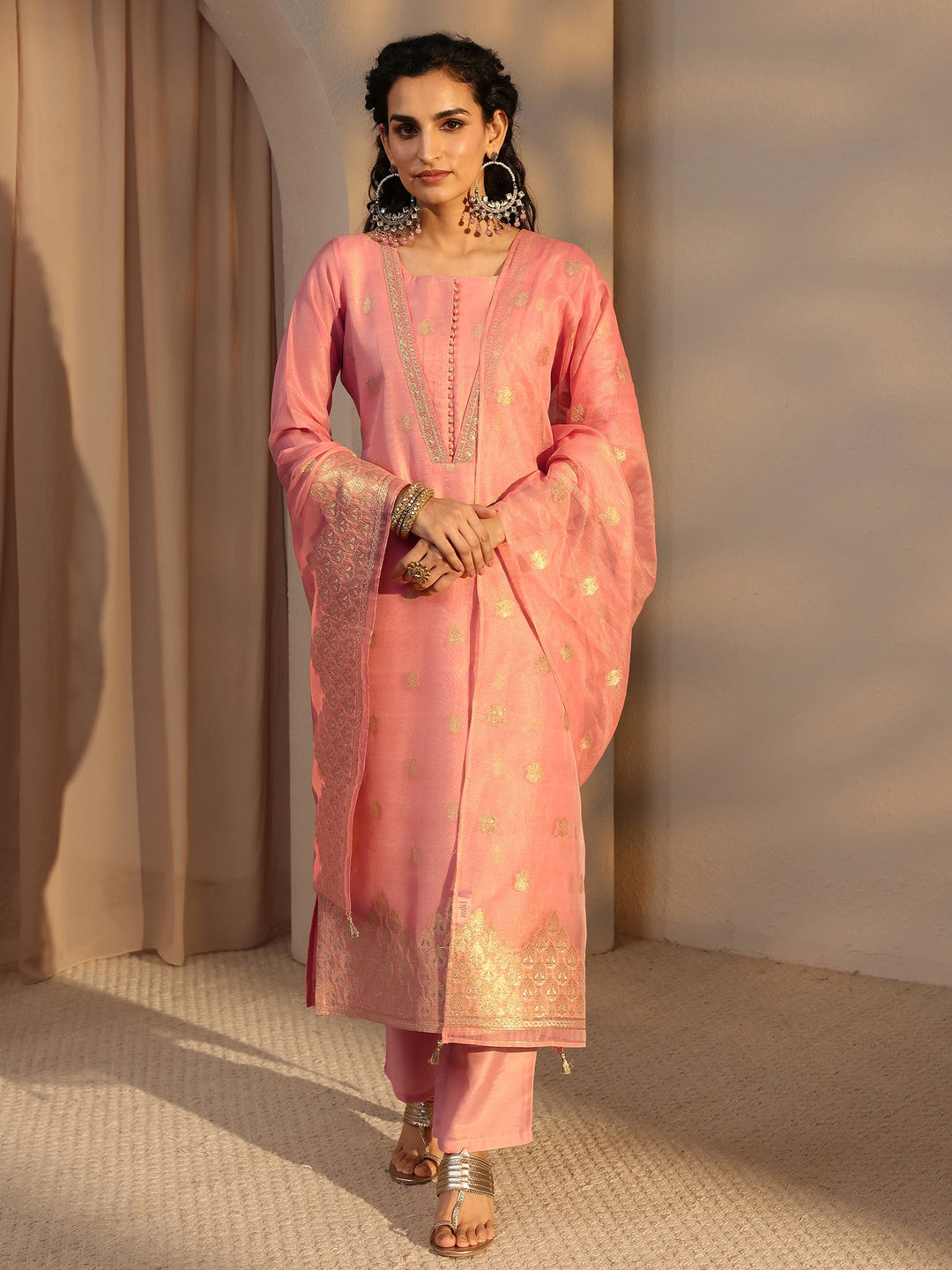 Pink Woven Design Chanderi Silk Straight Suit Set With Dupatta 
