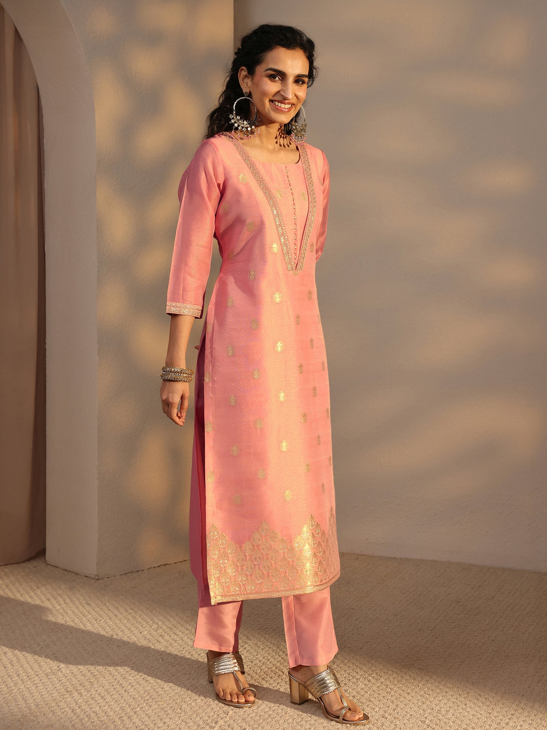  Pink Woven Design Chanderi Silk Straight Suit Set With Dupatta 