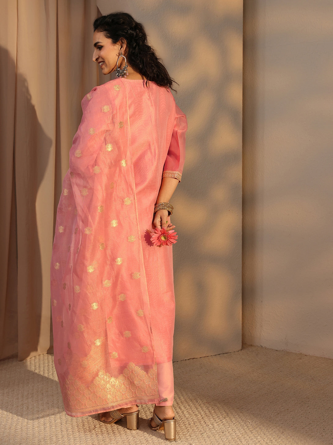  Pink Woven Design Chanderi Silk Straight Suit Set With Dupatta 