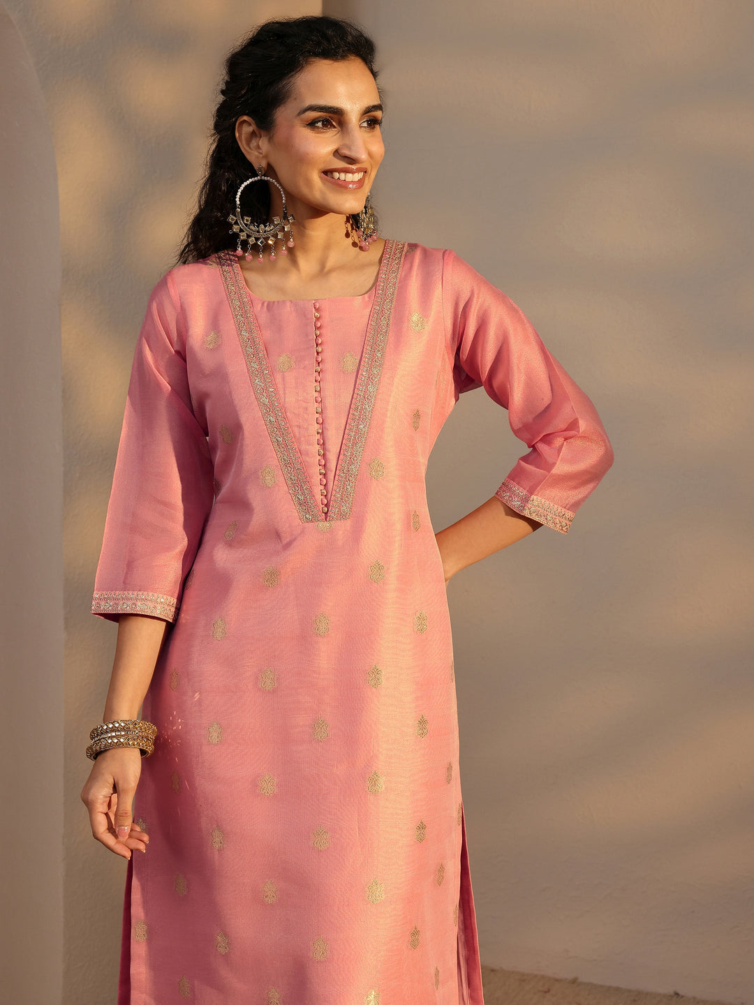  Pink Woven Design Chanderi Silk Straight Suit Set With Dupatta 