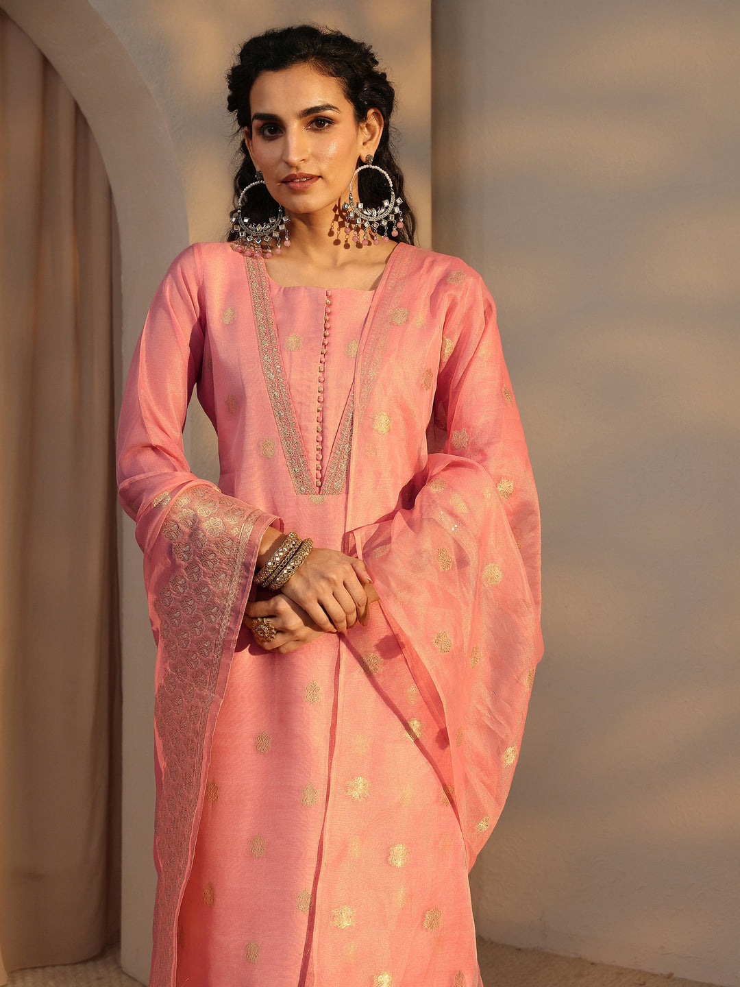  Pink Woven Design Chanderi Silk Straight Suit Set With Dupatta 