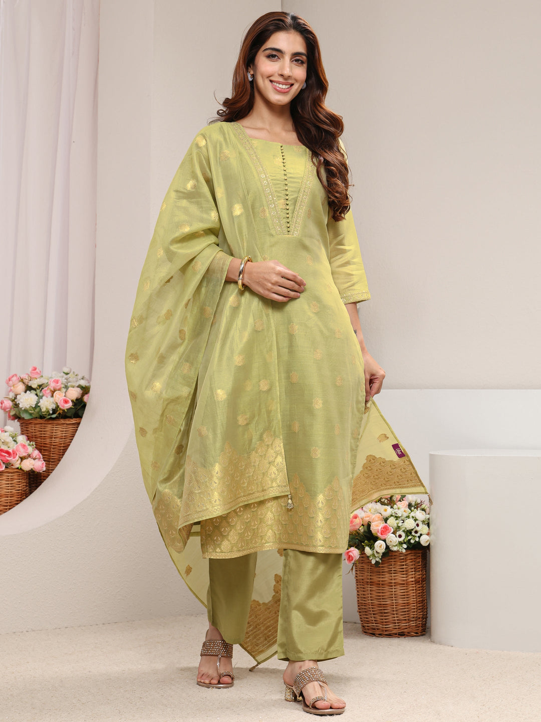  Green Ethnic Woven Design Chanderi Silk Straight Suit Set With Dupatta 