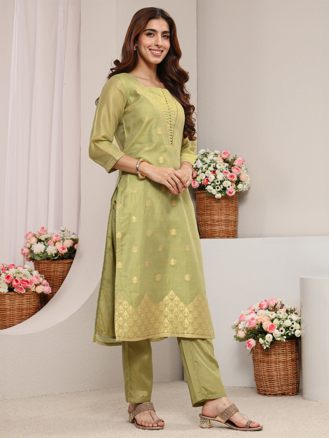  Green Ethnic Woven Design Chanderi Silk Straight Suit Set With Dupatta 