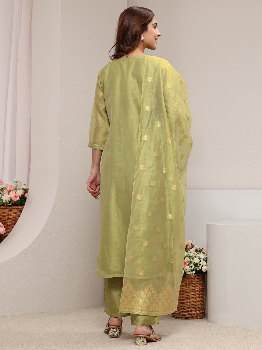  Green Ethnic Woven Design Chanderi Silk Straight Suit Set With Dupatta 