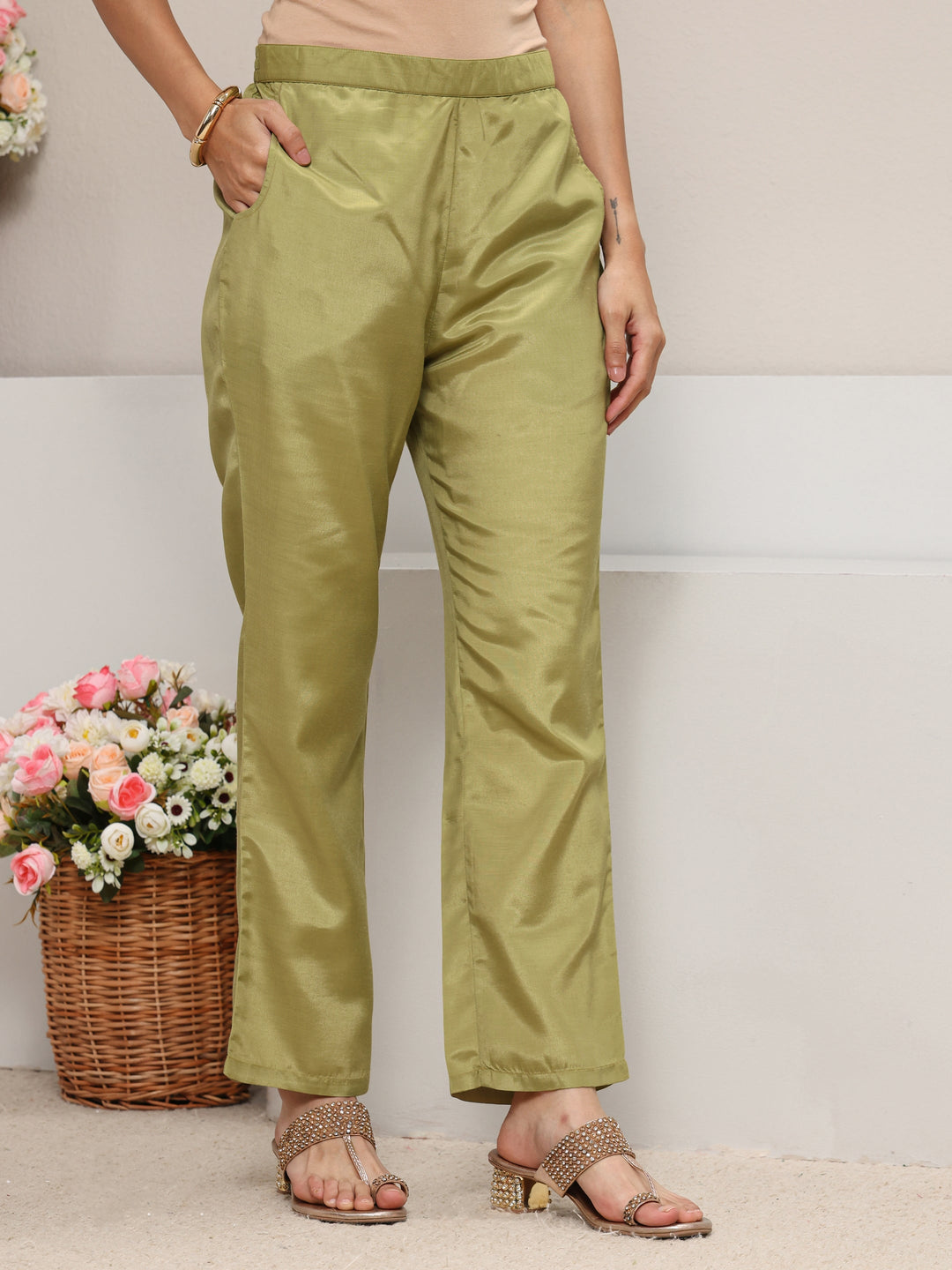  Green Ethnic Woven Design Chanderi Silk Straight Suit Set With Dupatta 