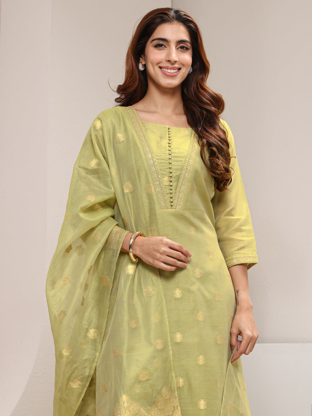  Green Ethnic Woven Design Chanderi Silk Straight Suit Set With Dupatta 